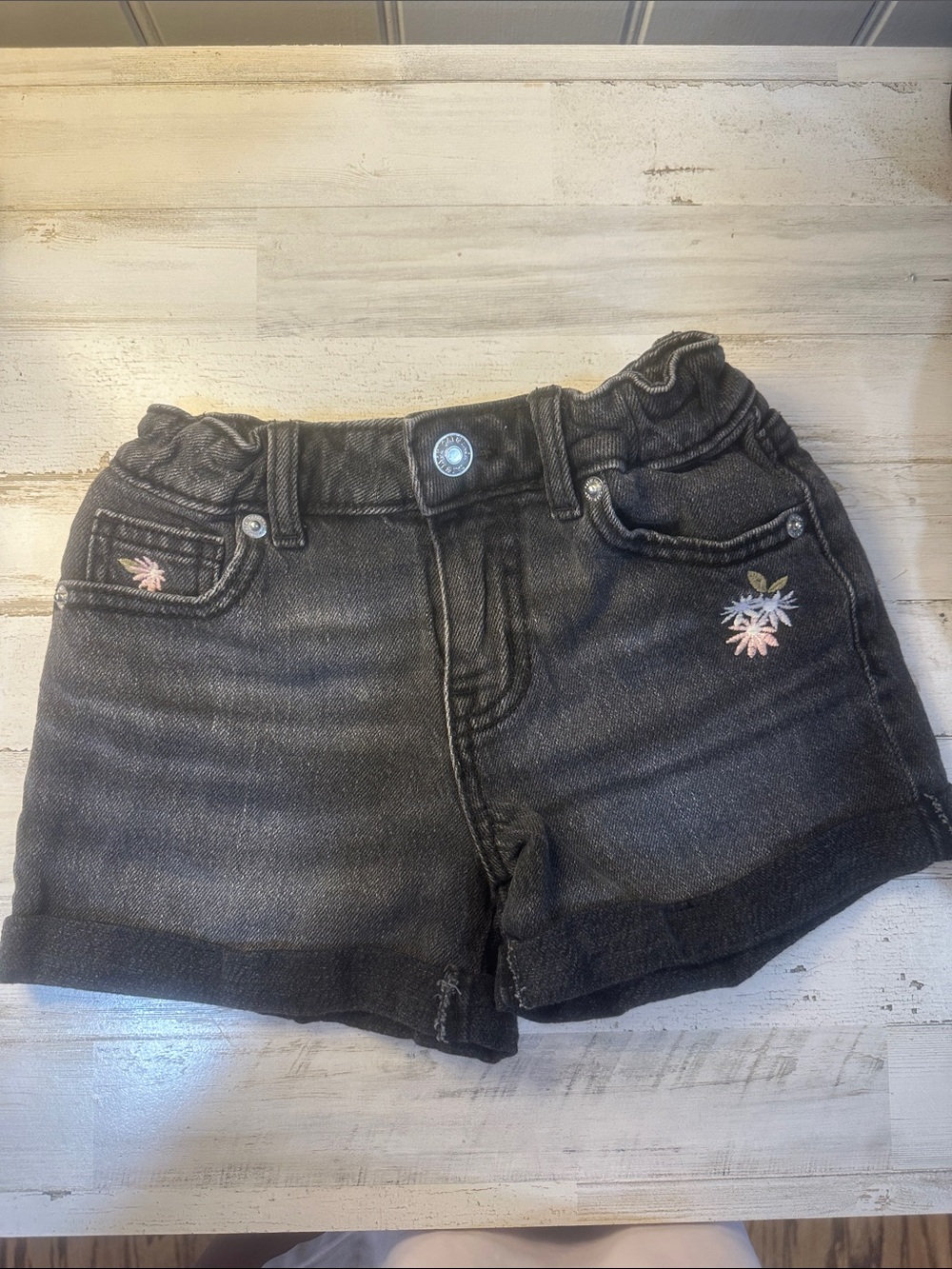 Cat & Jack Black Denim Shorts with Pink & White Floral Embroidery